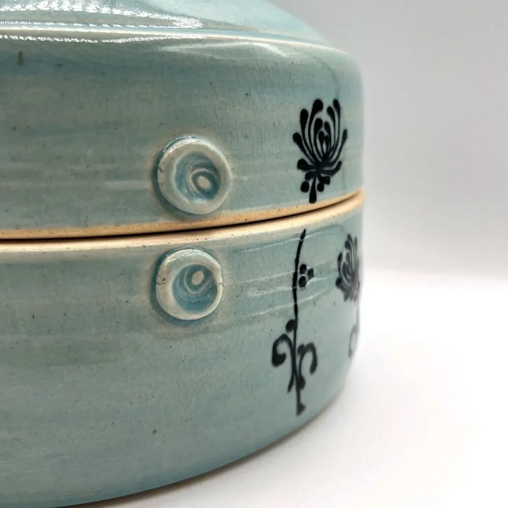 Covered Casserole Dish Oval Studio Art Pottery Aqua Blue Signed Marissa Unique